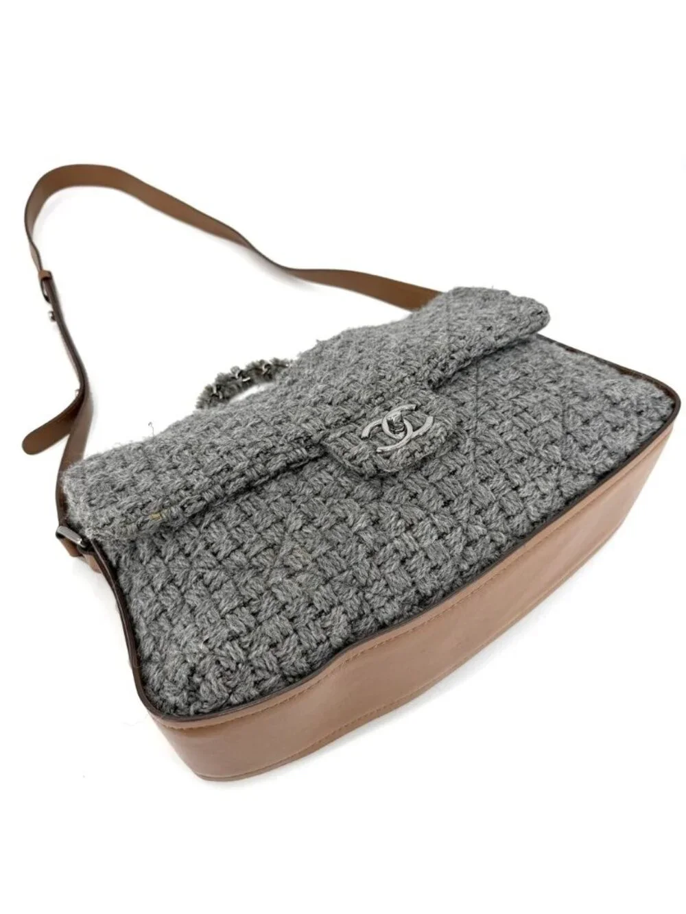 Chanel 2-Way Quilted Shoulder Bag CC Logo Crossbody Wool Leather Gray Silver